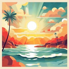Colorful vector image of sunset at the beach with partial clouds and palms trees, AI generated
