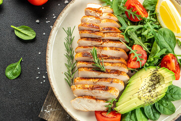Roasted Chicken Fillet, green lettuce, arugula, tomatoes. Ketogenic diet. Low carb high fat breakfast. Healthy food concept. place for text, top view
