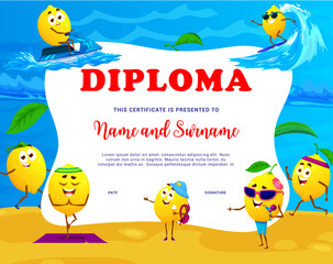 Kids diploma cartoon lemon character on summer beach vacation. Graduation or achievement border, educational school or kindergarten vector certificate with funny citrus fruits relax on sea resort - obrazy, fototapety, plakaty