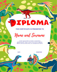Kids diploma cartoon dinosaur characters. Vector award frame template with funny Dilophosaurus, Oviraptorm, Troodon and Carnotaurus dino personages. Paleontology science educational trophy certificate