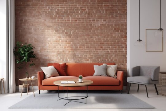 interior background indoor luxury apartment carpet comfortable brick wall furniture stylish orange decoration cosy. Generative AI.