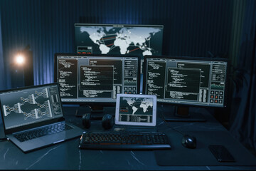 Multiple screens with information. Cyber criminal haker dark room for massive attack of corporate big data servers