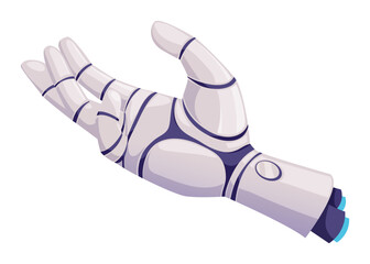 Human hand, futuristic robot arm with metal fingers. Vector innovation artificial technology cyborg droid robotic mechanical prosthesis