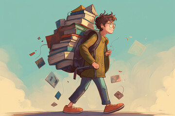 young student carrying heavy backpack with textbooks, created by a neural network, Generative AI technology