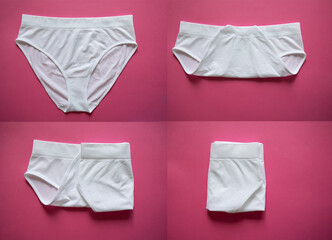 Step by step folding of white women's panties isolated on pink background. Collage of 4 photos. 1...