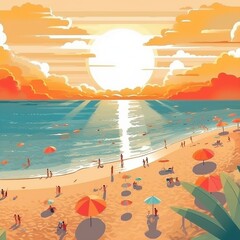 Vector landscape of crowded beach with umbrellas at sunset