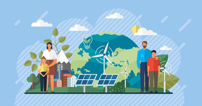 Sun power photovoltaic PV home system and renewable electric energy technology off the grid OTG inverter, wind charge controller, battery, meter, solar panels. Solar cell system. Eco friendly family