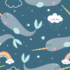 Blue Narwhal pattern design with clouds and rainbows - funny hand drawn doodle, seamless pattern. Lettering poster or t-shirt textile graphic design. Wallpaper, wrapping paper, background.