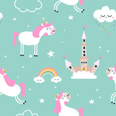 Little Unicorn - funny doodle, seamless pattern. Castle, unicorn, hearts, fashion elements. Cartoon background, texture for bedsheets, pajamas, wrapping papers.