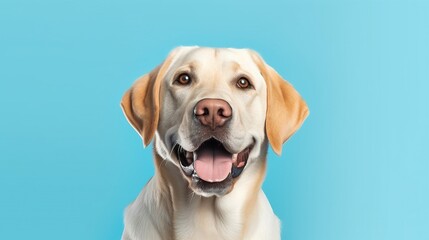 Labrador retriever dog portrait on blue background with copy space.Generative Ai