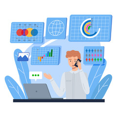 Young businessman sitting at table talking by phone with business process icons and infographics on background. Charts and diagrams. Manager working at laptop with statistics, financial consultant