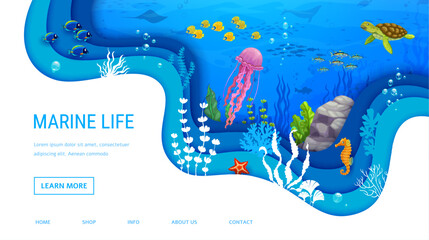 Landing page cartoon sea turtle, jellyfish and tropical fish shoal on paper cut underwater landscape with coral reef and seaweed plants in ocean depth. Vector web banner featuring marine undersea life