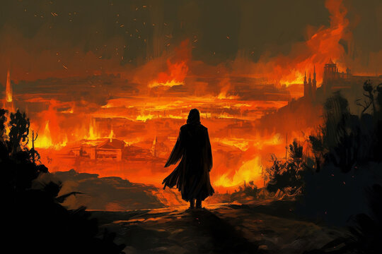 Mysterious Silhouette Against The Background Of A Burning City, Nero Burns Rome, Created By A Neural Network, Generative AI Technology