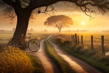 A bicycle by a tree on the road against the background of the setting sun. Generative Ai