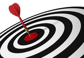Red dart hit to center of dartboard tilt left. Arrow on bullseye in target. Business success, learning goal, objective challenge, purpose strategy, achievement focus concept. 3d realistic concept.