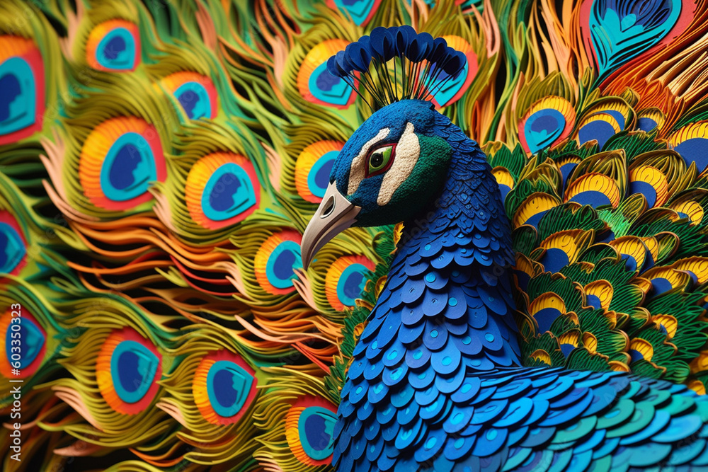 Poster A intricate paper-cut design of a peacock, with its vibrant feathers meticulously cut and layered to create a stunning visual effect.  Generative AI technology.