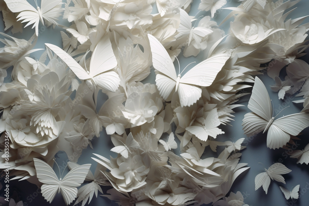 Aufkleber An intricately designed paper-cut artwork of a swarm of butterflies, with each delicate wing cut with precision to create a sense of movement and grace.  Generative AI technology.