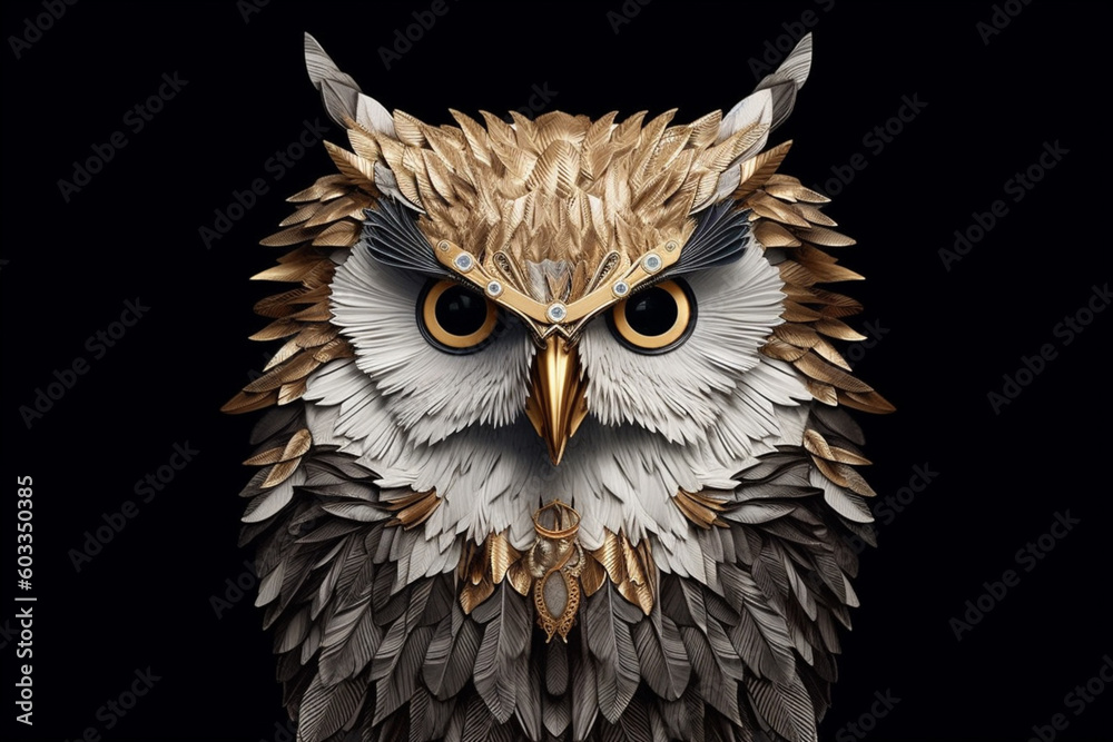 Poster a delicate paper-cut artwork of a perched owl, with its intricate feathers and piercing eyes, creati