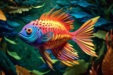 Obraz na płótnie Canvas A colorful paper-cut artwork of a tropical fish swimming in vibrant waters, showcasing the artist's creativity and skill in capturing the beauty of marine life. Generative AI technology.