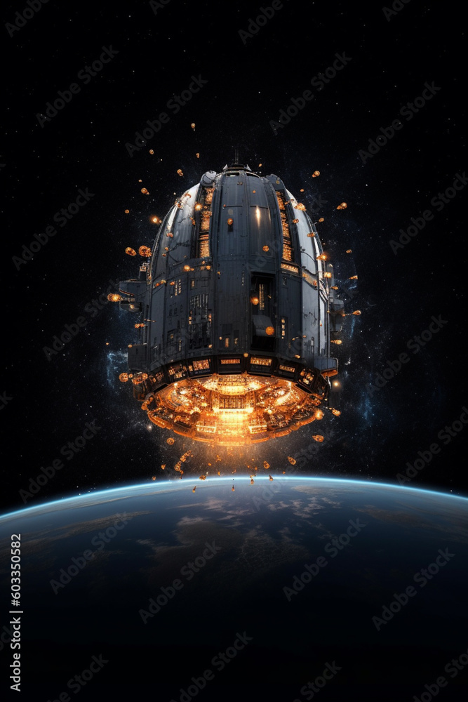 Poster earth's atmosphere, with fiery trails and stars surrounding it, symbolizing the return from a space 