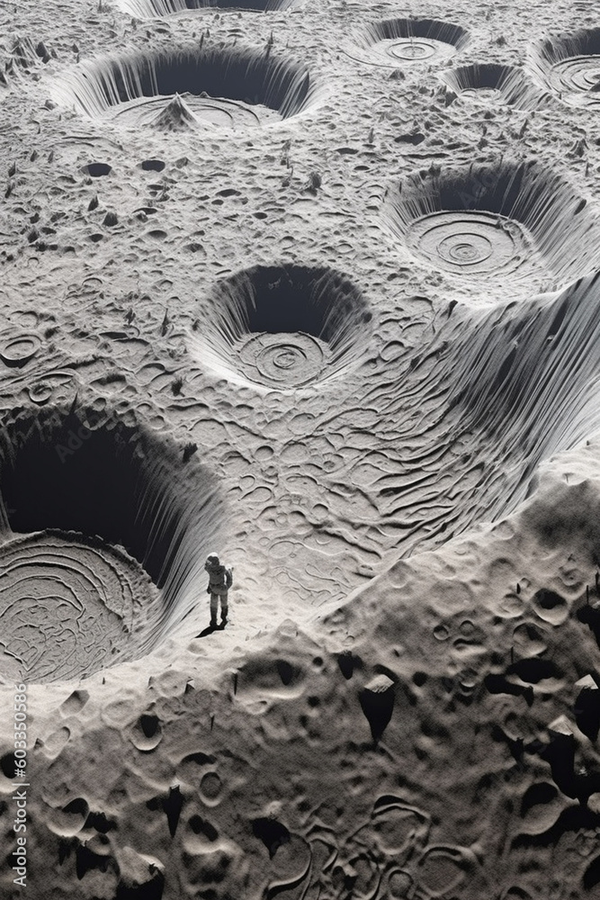 Poster a captivating paper-cut design of an astronaut standing on the moon's surface, with intricate crater