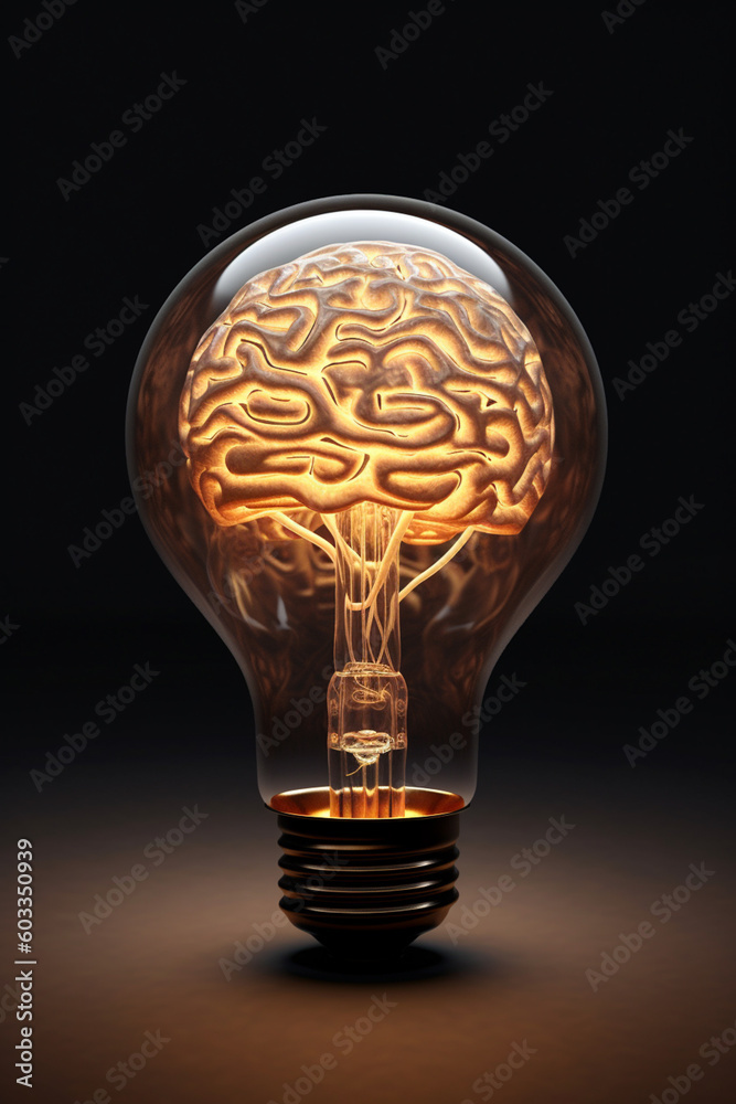 Poster a lightbulb with a brain inside, symbolizing the connection between creativity and intellectual capacity in generating breakthrough ideas. Generative AI technology.