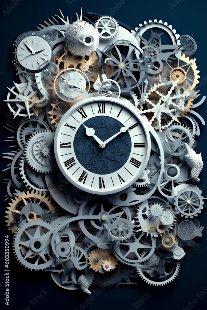 Poster A captivating paper-cut design of a clock with cutout gears and hands, symbolizing the value of time management and the structured nature of the school day.  Generative AI technology.