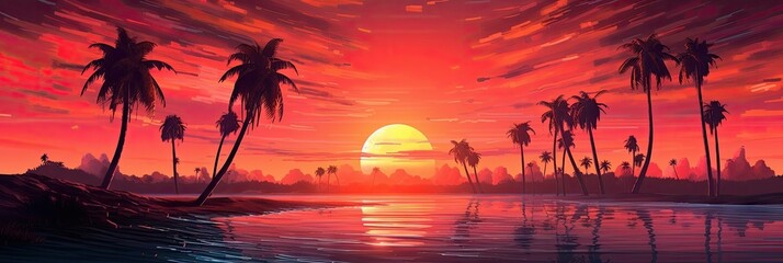 3d sunset on the beach. Retro palms sci fi background with ocean. Sun reflection in water. Futuristic landscape 1980s style. Digital landscape cyber surface. 80s party background. Generative ai