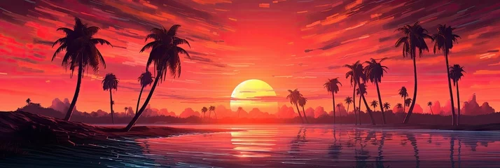 Fototapeten 3d sunset on the beach. Retro palms sci fi background with ocean. Sun reflection in water. Futuristic landscape 1980s style. Digital landscape cyber surface. 80s party background. Generative ai © bigtown
