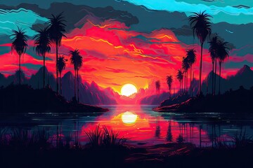Fototapeta 3d sunset on the beach. Retro palms sci fi background with ocean. Sun reflection in water. Futuristic landscape 1980s style. Digital landscape cyber surface. 80s party background. Generative ai obraz