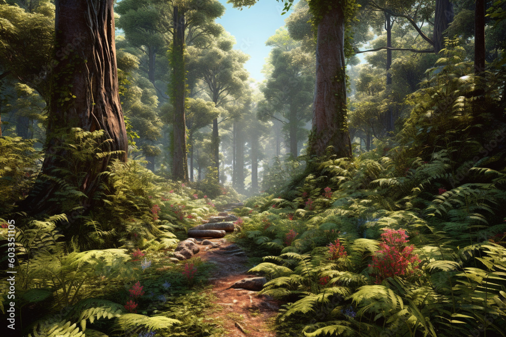Poster lush forest, with towering trees and vibrant foliage that appear to extend beyond the canvas, creating a sense of depth and immersion. Generative AI technology.