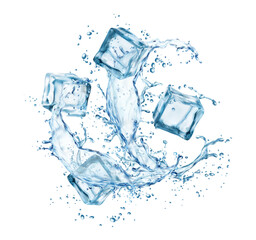 Frozen ice cubes in water splashes, realistic liquid wave and transparent crystals. Isolated 3d vector refreshing swirl with iced blocks and melting droplets. Cocktail, fresh drink and icy pieces