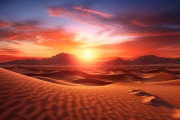 Fototapeta na wymiar a vibrant sunset over a vast desert, with shifting sand dunes and warm hues that create a dramatic and immersive visual experienceGenerative AI technology.