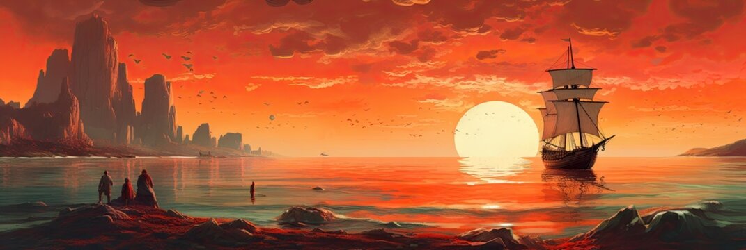 sunset, ship on the background of the setting sun, 3d illustration. Generative ai