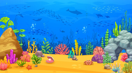 Fototapeta na wymiar Cartoon underwater sea landscape. Game level vector background of sea, ocean and aquarium bottom scene. Undersea world of blue water waves with fish, corals and seaweeds, dolphins, sea turtles, crab