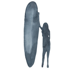 Surf woman decorative elements man riding on surfboard over waves isolated silhouette blue illustration on white background.