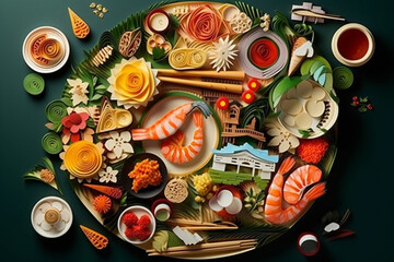 Fototapeta na wymiar An enchanting paper-cut collage of Japanese cuisine, with cutouts of sushi, ramen, and other traditional dishes, Generative AI technology.
