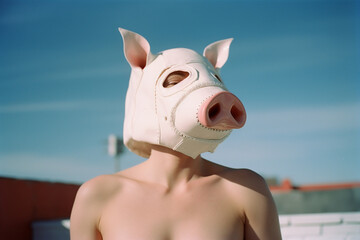 the girl in the pig mask, created by a neural network, Generative AI technology - obrazy, fototapety, plakaty