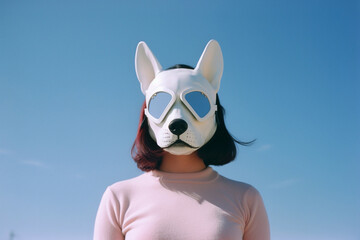 the girl in the dog mask - obrazy, fototapety, plakaty
