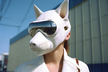 the girl in the dog mask - obrazy, fototapety, plakaty