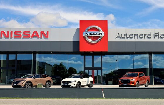 Reana del Rojale, Italy. May 16, 2023. Nissan official dealership with brand name of the japanese automaker on the facade.
