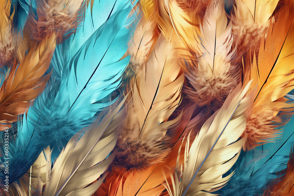 Poster A bohemian-inspired feather background pattern texture, with feathers of different lengths and textures arranged in a loose and organic manner,  Generative AI technology.