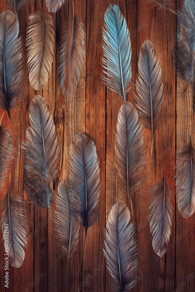 Aufkleber A rustic-inspired feather background pattern texture, with feathers arranged on a textured wooden surface,  Generative AI technology.