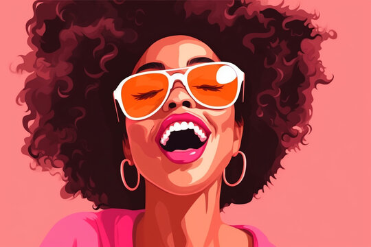 Woman with curly afro hair with sunglasses on pink background, created by a neural network, Generative AI technology