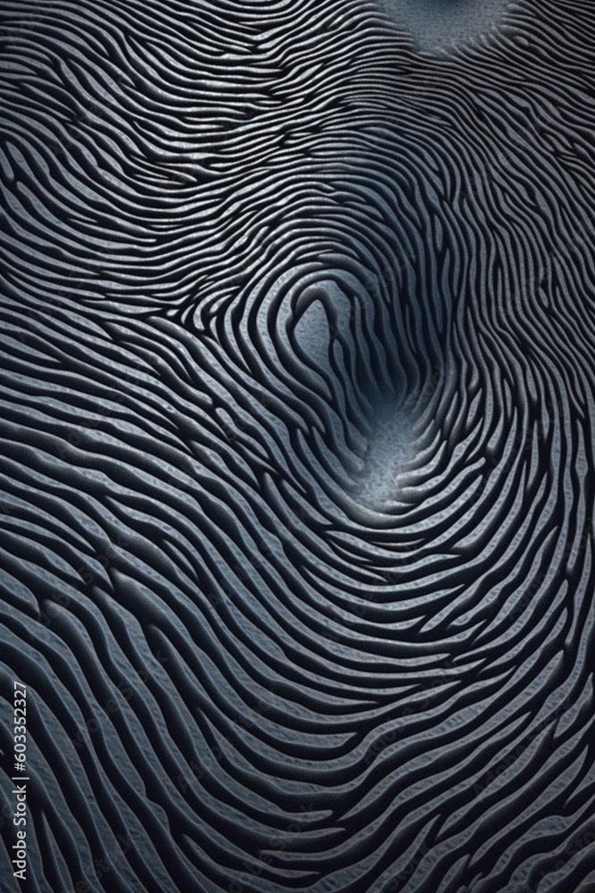 Poster A fingerprint formed by lines and curves, resembling a maze or labyrinth, symbolizing the complexity and uniqueness of human identity. Generative AI technology.