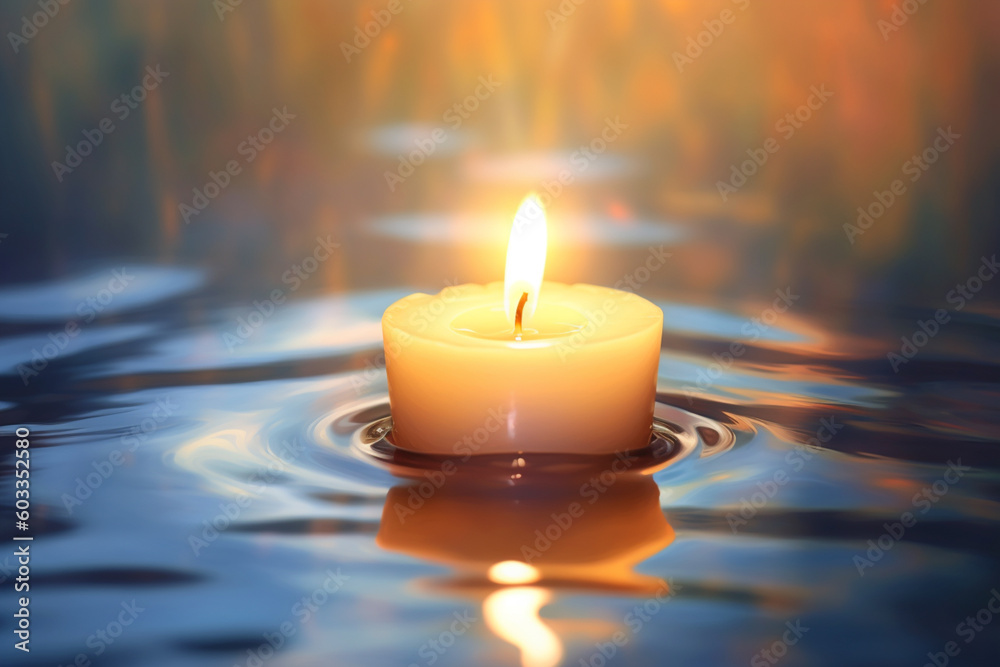Poster a digital painting of a candle flame casting a soft glow on a tranquil scene, invoking feelings of s