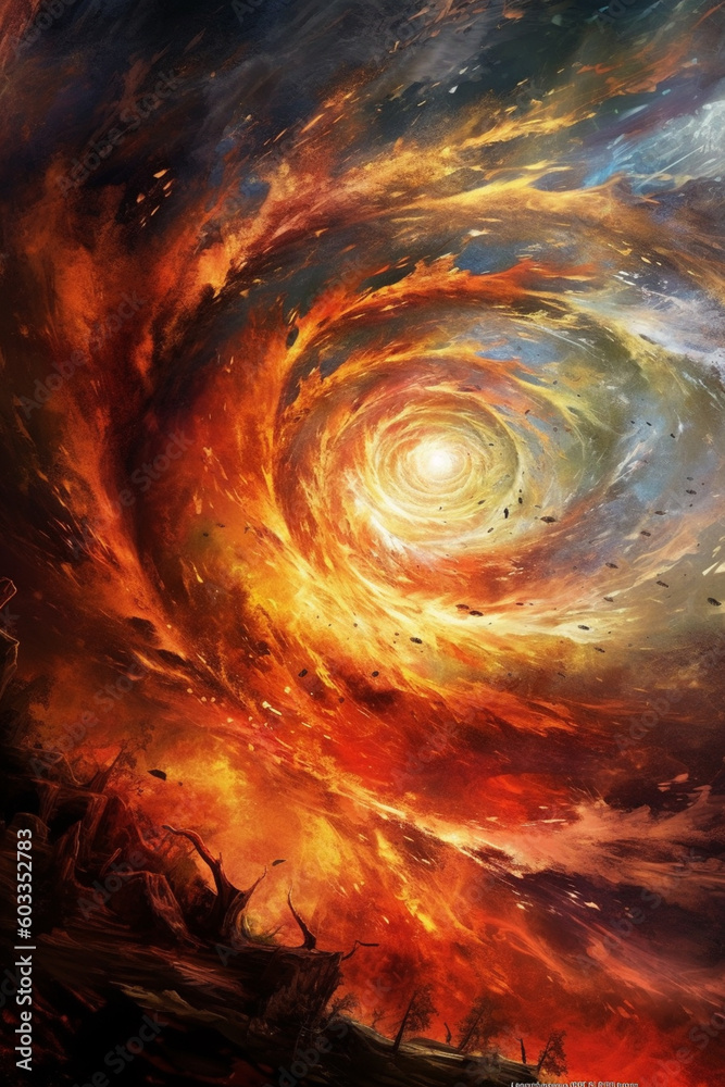 Aufkleber wind as a powerful force of nature, with swirling tornado-like shapes and intense colors, conveying 