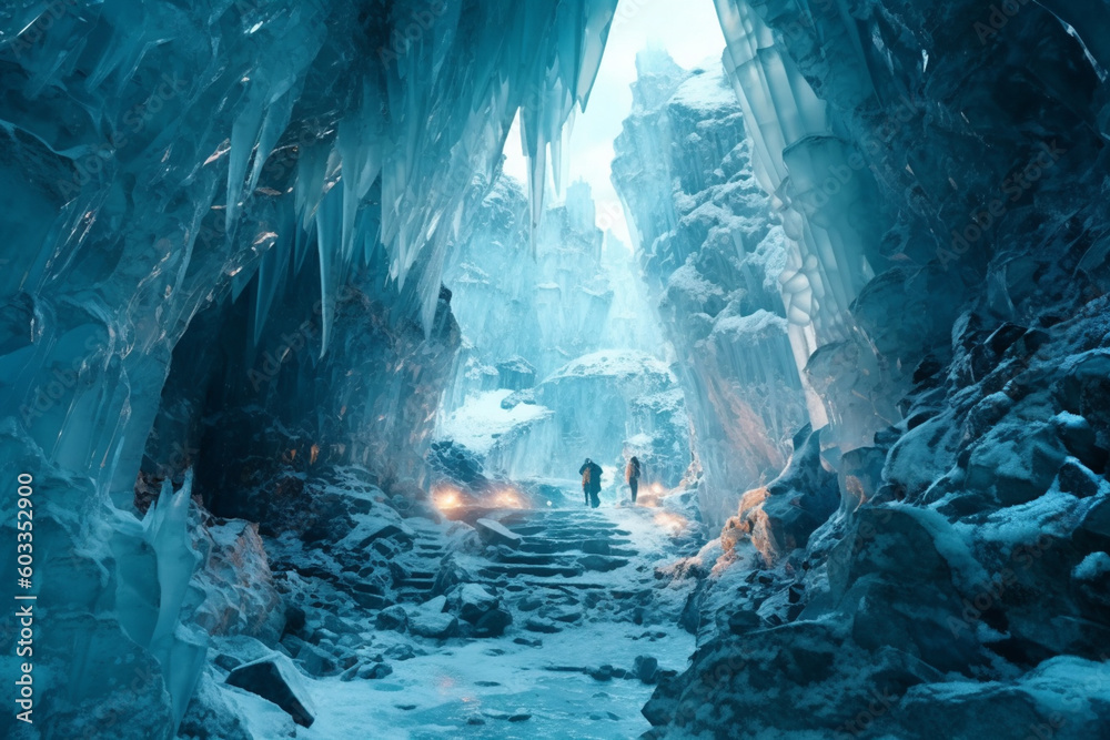 Poster  frozen ice caves, with intricate formations and translucent walls that create a captivating and otherworldly environment.  Generative AI technology.