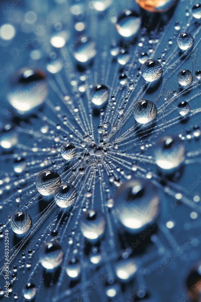 Poster frozen dewdrops on a spider's web, showcasing the delicate and intricate structures formed by frozen water droplets. Generative AI technology.