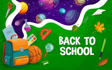 Paper cut back to school poster. Space planets and cartoon schoolbag with stationery, vector education. Student supplies, pen, scissors, bag and ruler on papercut layered background with stars